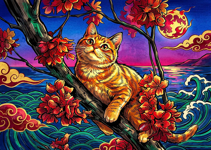 Ginger Cat in Japanese Art Style