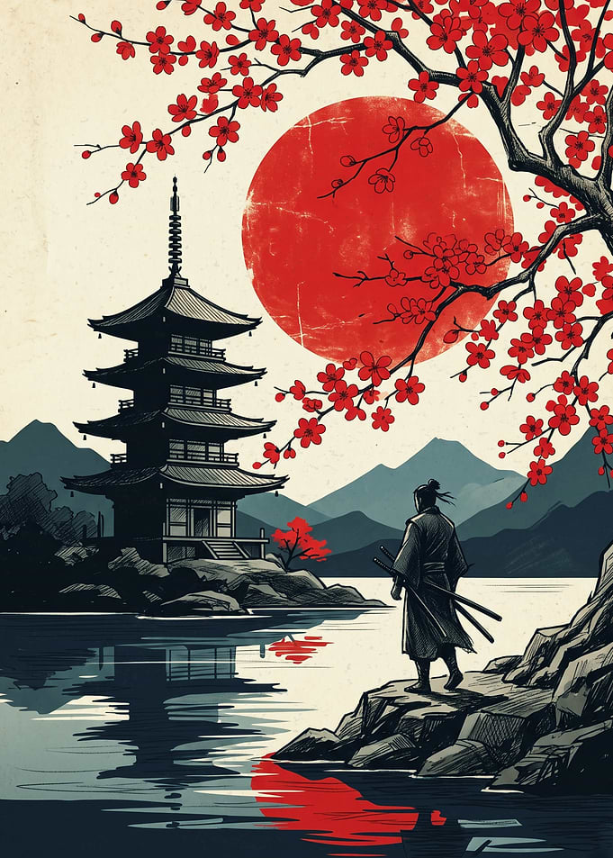 Samurai Pagoda Japan Art Print Red Sun Landscape Japanese Style Woodblock