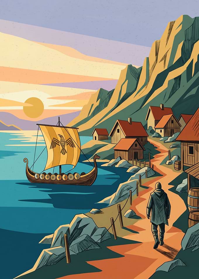 Viking Village And Longship Landscape History Illustration Minimalist Art