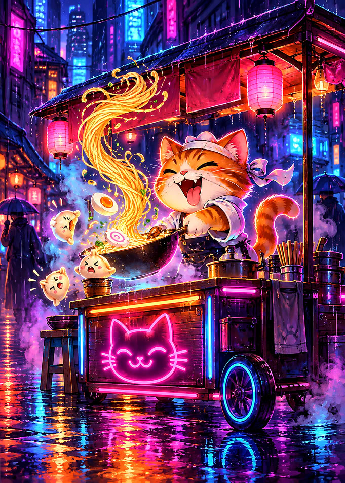 Cute Cat Chef Cooking Neon Ramen