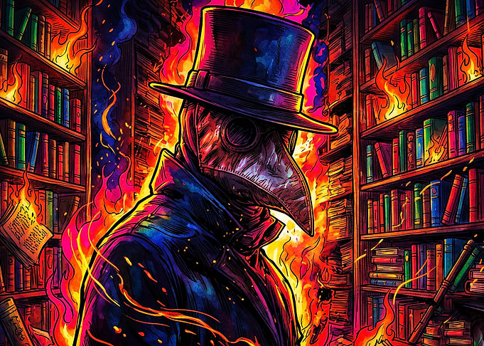 Plague Doctor Burning Library Art