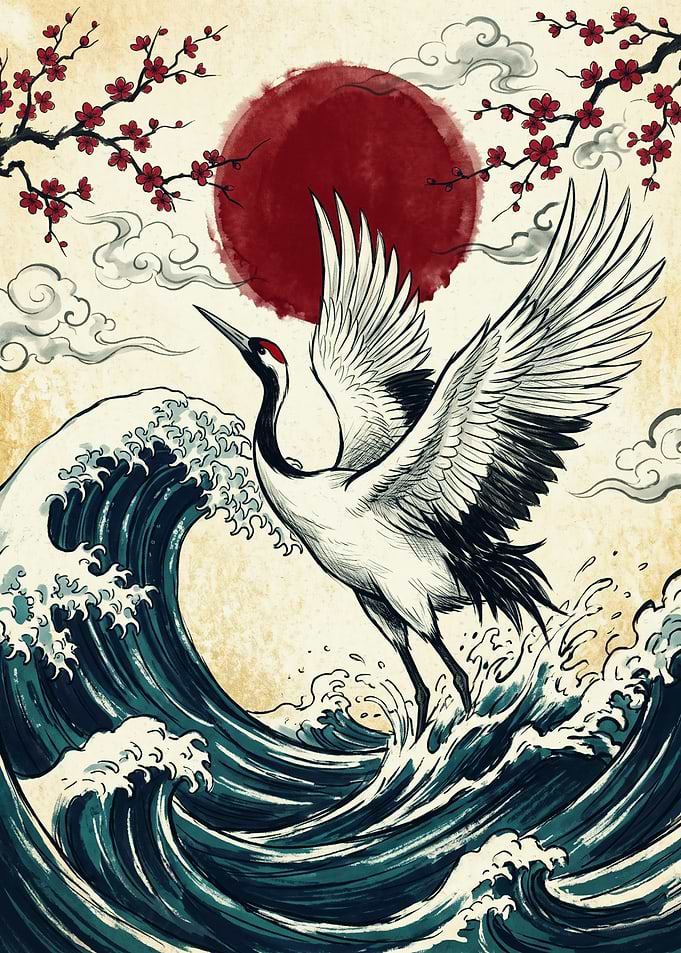 Japanese Crane Over Waves Traditional Art Ukiyo-e Poster