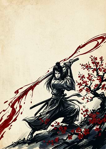 Samurai Japanese Art Ink Wash Painting Cherry Blossom Warrior Poster
