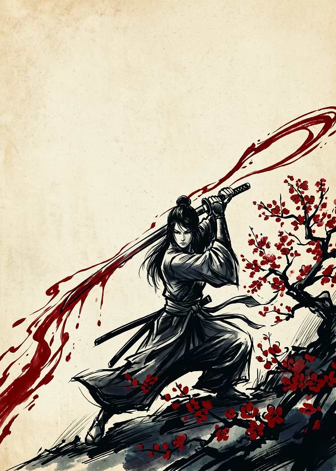 Samurai Japanese Art Ink Wash Painting Cherry Blossom Warrior Poster