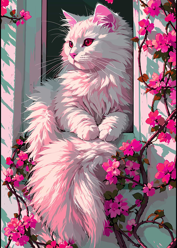 Fluffy White Cat in Pink Flowers