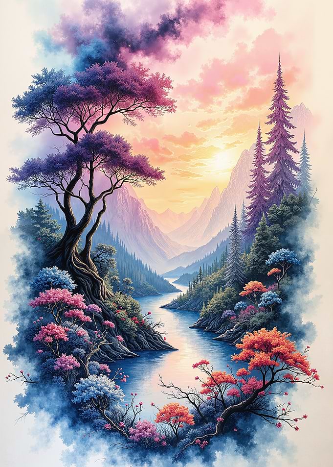 Vibrant Fantasy Landscape with River