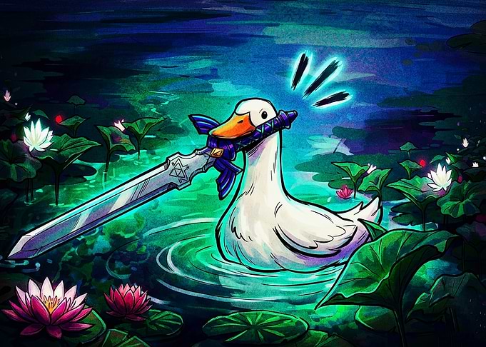Duck Holding Master Sword in Pond