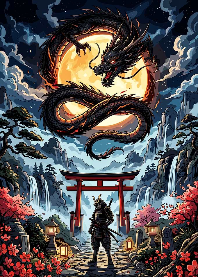 Samurai Standing Before Dragon and Torii
