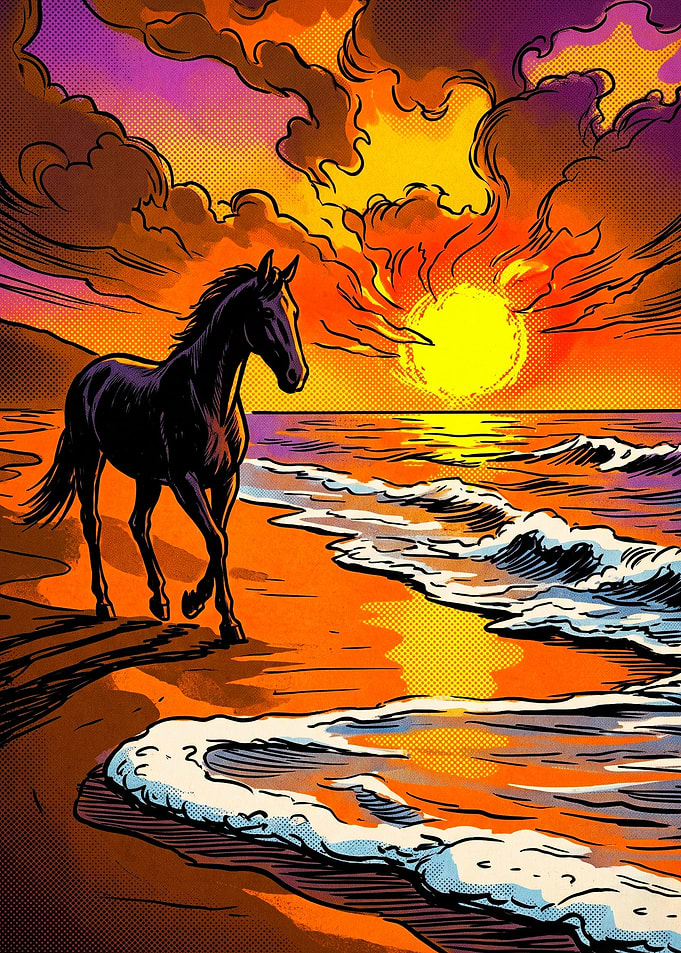 Horse Sunset Beach Retro Art Poster