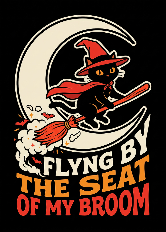 Cute Witch Cat Flying on Broom