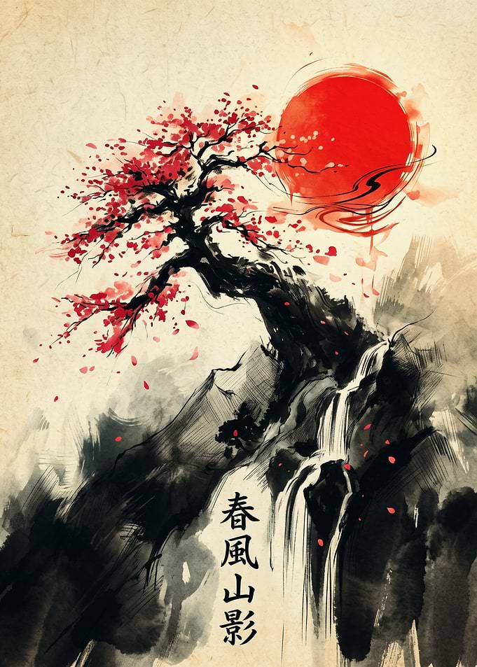 Japanese Cherry Blossom Bonsai And Red Sun Sumi E Ink Painting