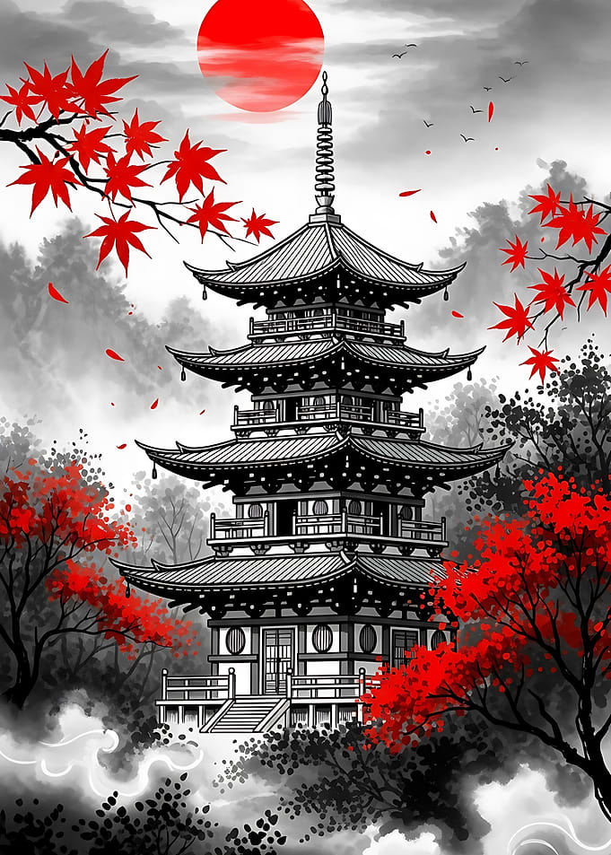 Traditional Japanese Pagoda with Red Maples