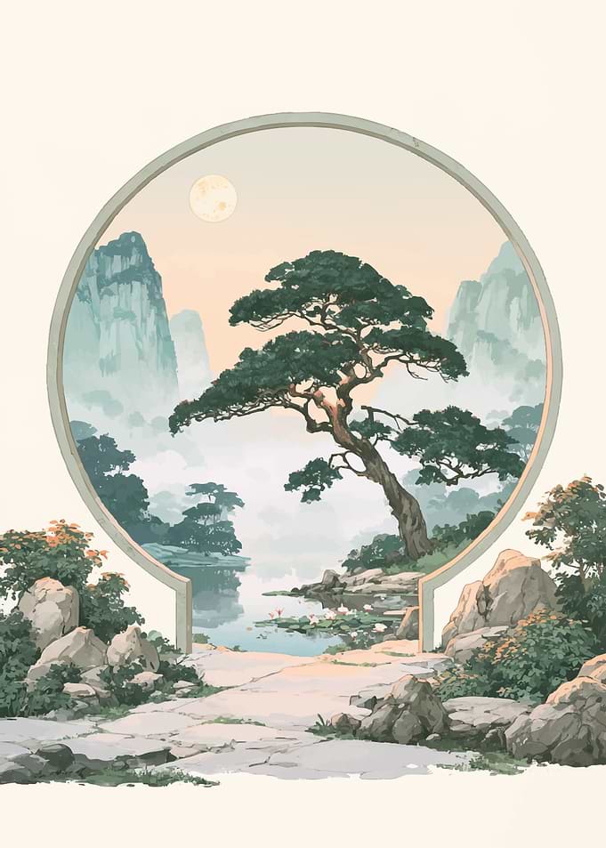 Circular Window View of Asian Landscape