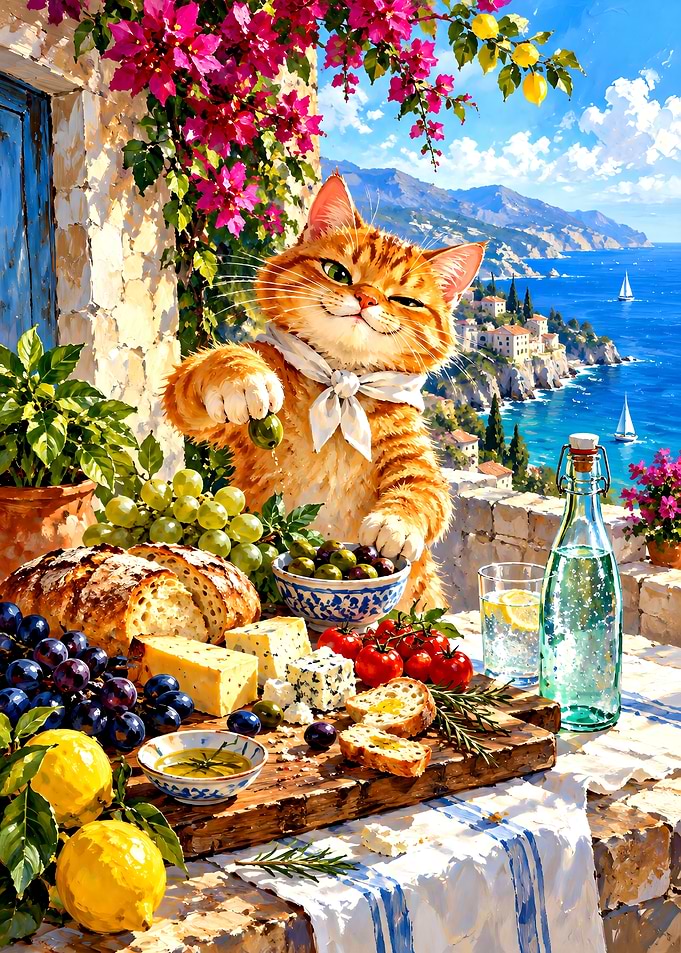 Ginger Cat Enjoying Mediterranean Picnic