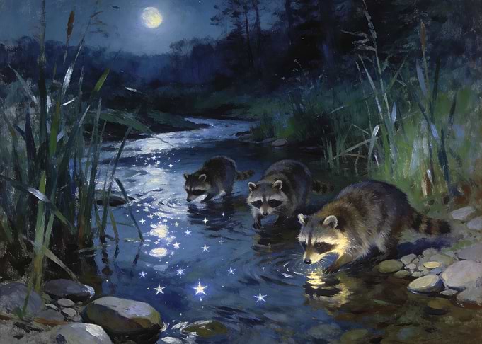 Raccoons Playing in Moonlit Stream