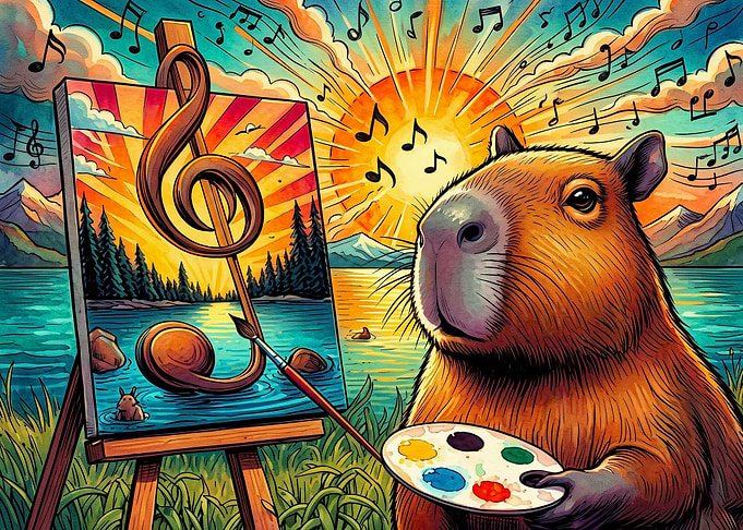Capybara Artist Painting Musical Landscape