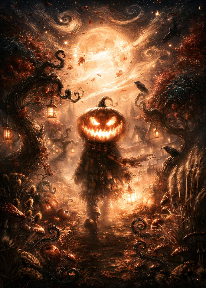 Pumpkin Guardian in a Dark Whimsical Halloween Forest
