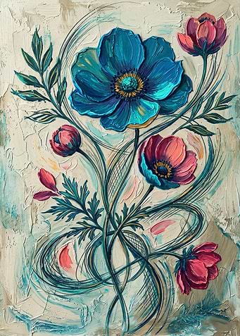 Blue And Pink Flowers Botanical Floral Impasto Painting