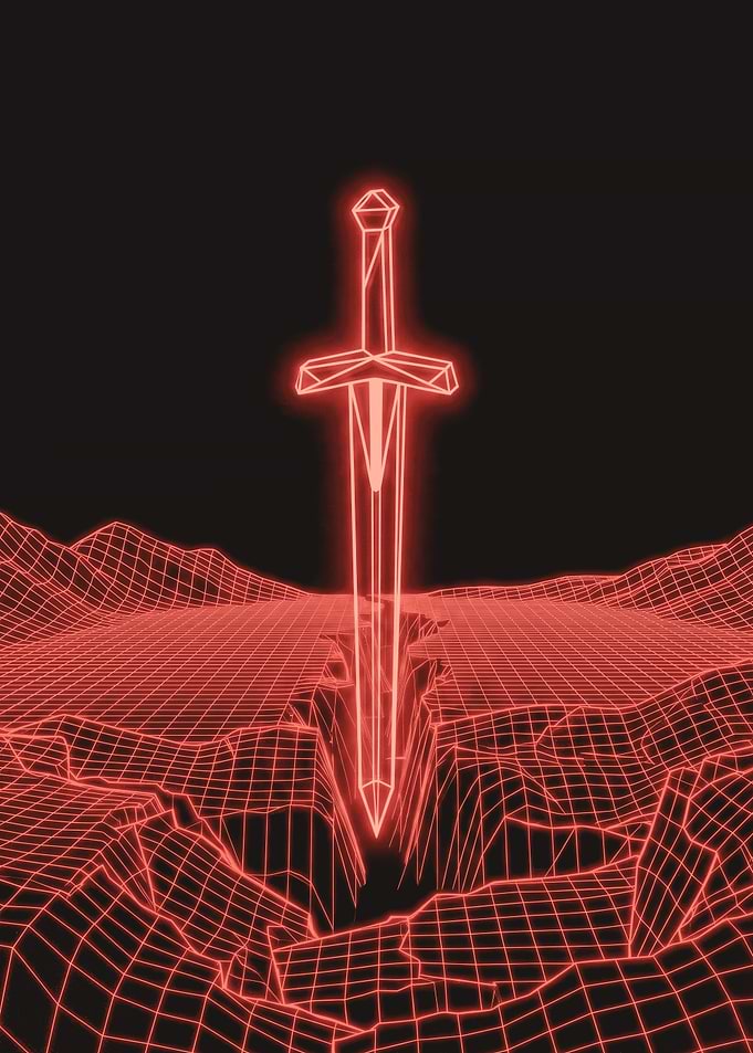 Neon Wireframe Sword in Digital Landscape