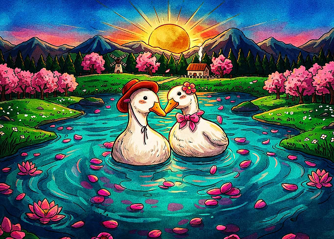 Romantic Ducks in Cherry Blossom Pond