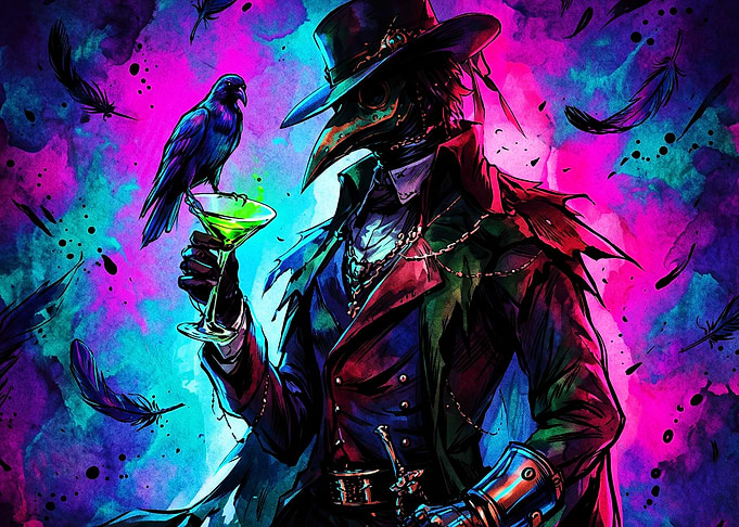 Plague Doctor Raven Neon Art Poster