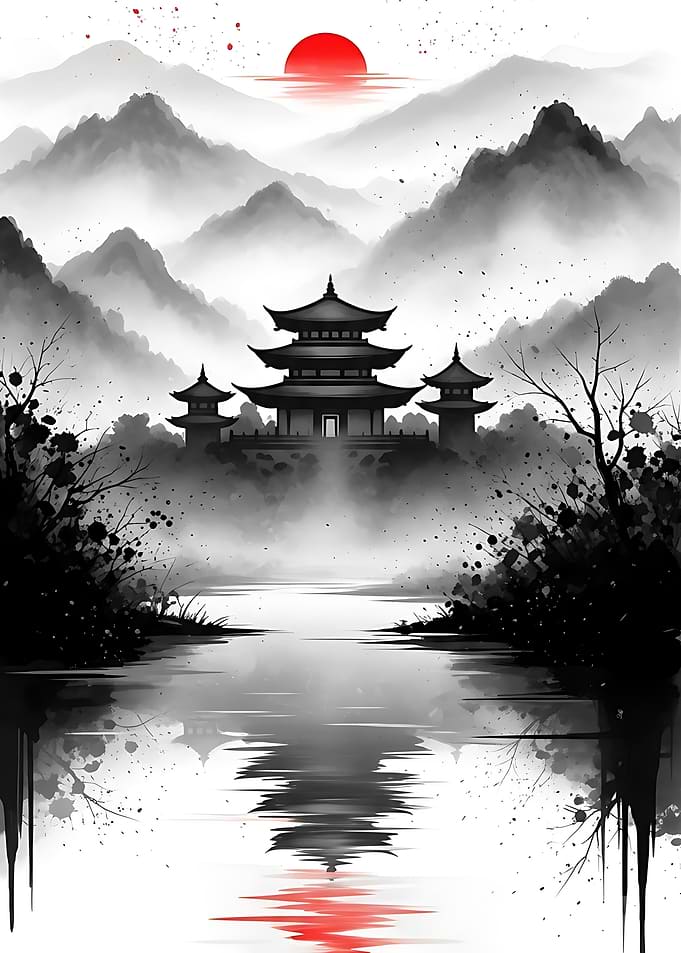 Traditional Japanese Temple Landscape Painting