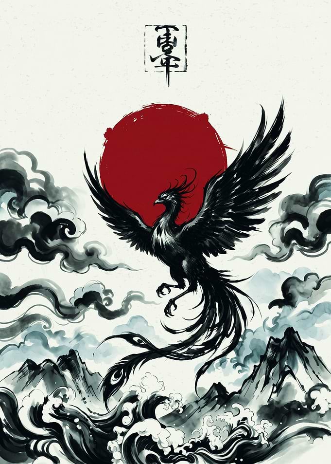 Japanese Phoenix Bird Flying Over Red Sun Ink Wash Painting Style Wall Art