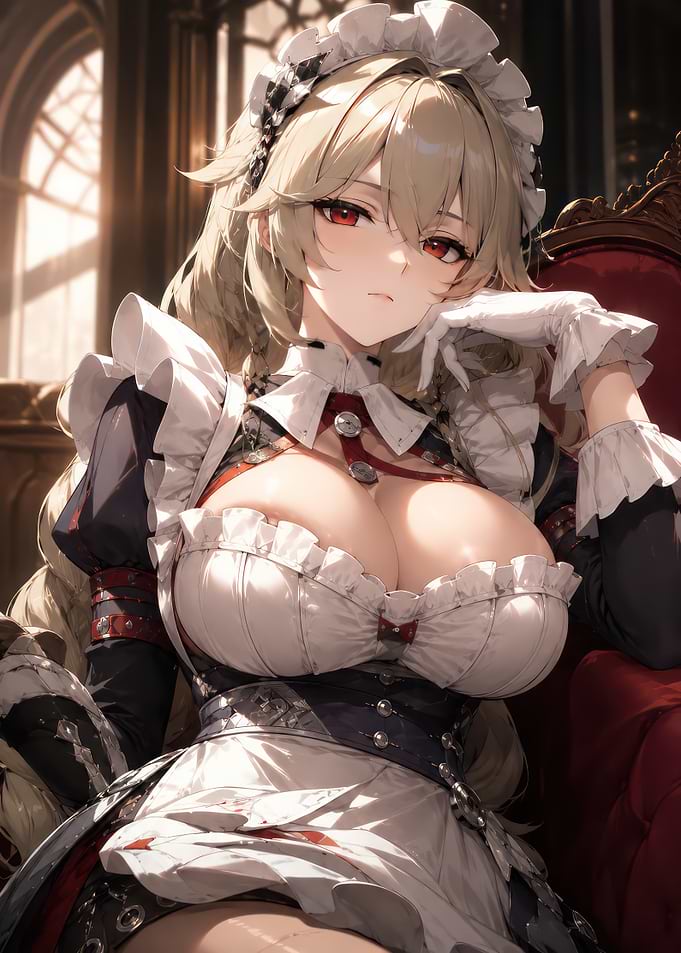 Elegant Blonde Maid in Red Chair