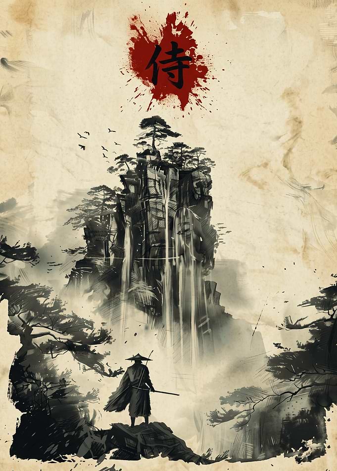 Samurai Mountain Landscape Japanese Ink Wash Painting Art Print