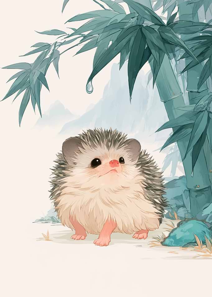 Cute Hedgehog Under Bamboo Leaves