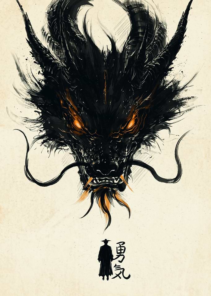 Black Dragon Ink Wash Painting Japanese Samurai Fantasy Art Poster