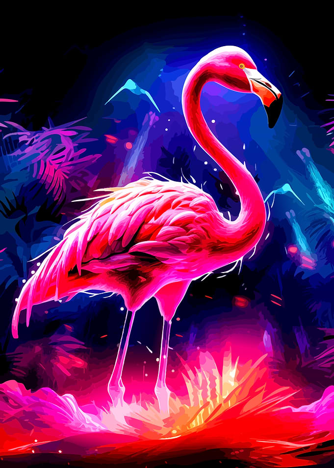 Neon Glowing Flamingo in Tropical Night