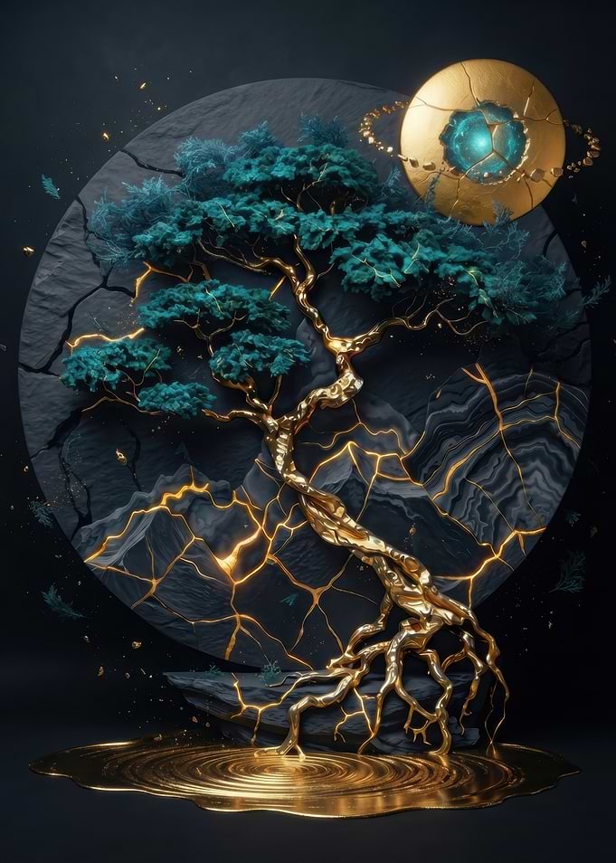 Kintsugi Bonsai Tree with Golden Energy