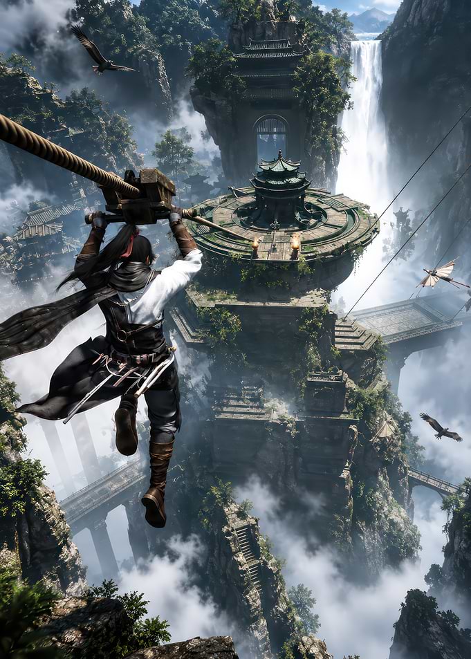 Warrior Ziplining Through Ancient Mountain Temple