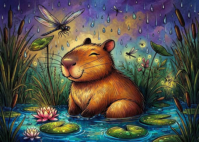 Happy Capybara in a Rainy Pond