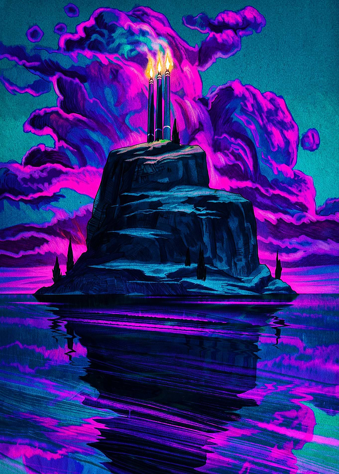 Neon Lit Island Under Purple Clouds