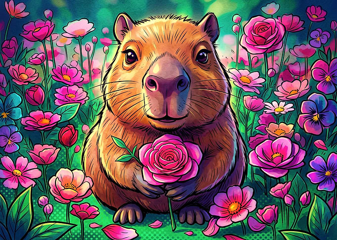 Cute Capybara Holding a Pink Rose