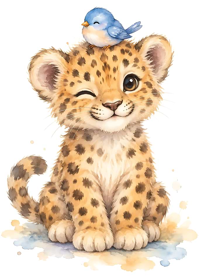 Cute Baby Leopard with Blue Bird