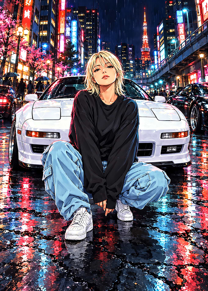 Anime Girl Posing with Sports Car