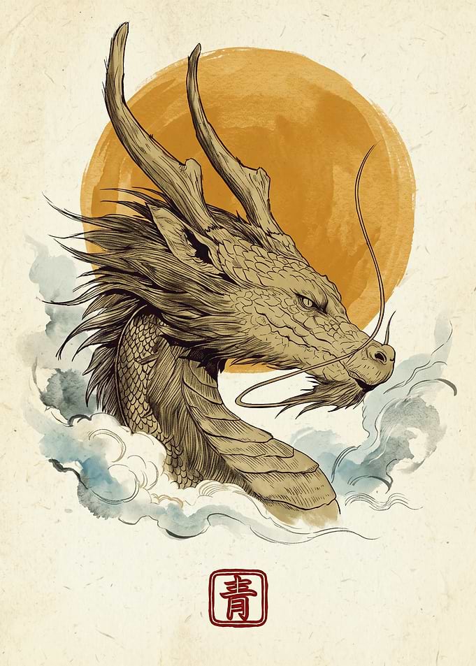 Asian Dragon Japanese Art Print Oriental Mythological Creature Aesthetic Poster