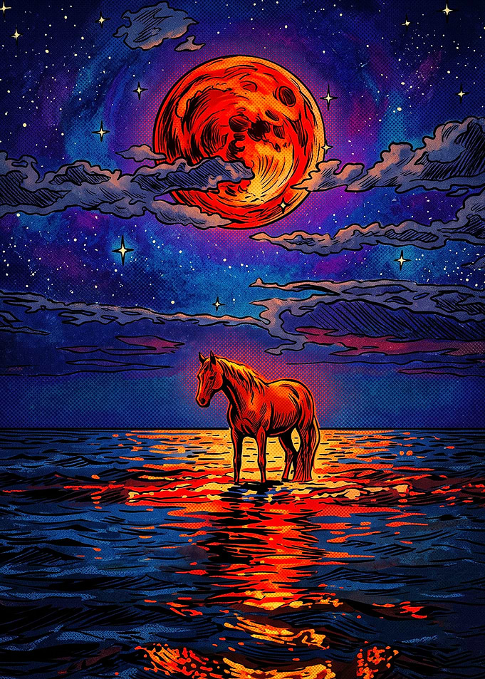 Horse Sunset Mountains Vintage Art
