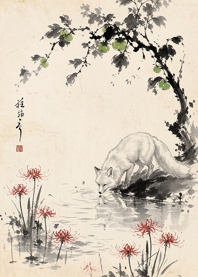 White Fox Drinking by Red Flowers
