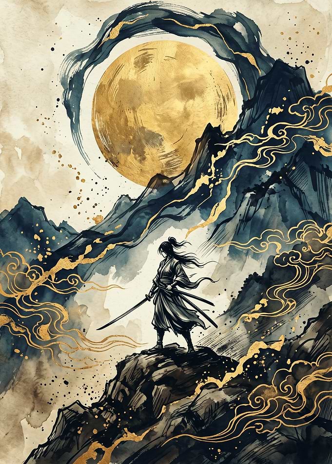 Samurai Moon Mountain Japanese Watercolor Ink And Gold Leaf Painting