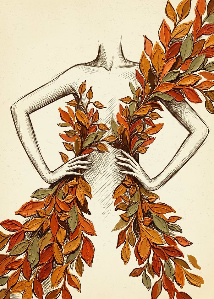 Autumn Leaves Woman Nature Botanical Pencil Sketch
