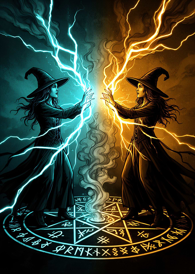 Two Witches Casting Elemental Magic