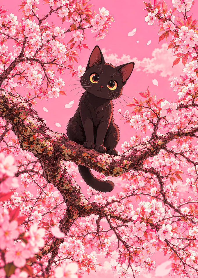 Cute Black Cat in Cherry Blossoms