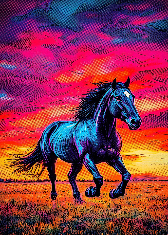 Horse Running Neon Sunset Art