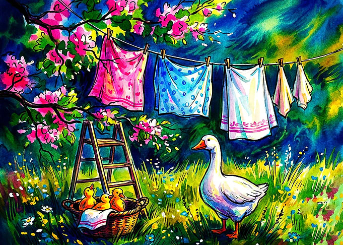Goose and Ducklings in Garden