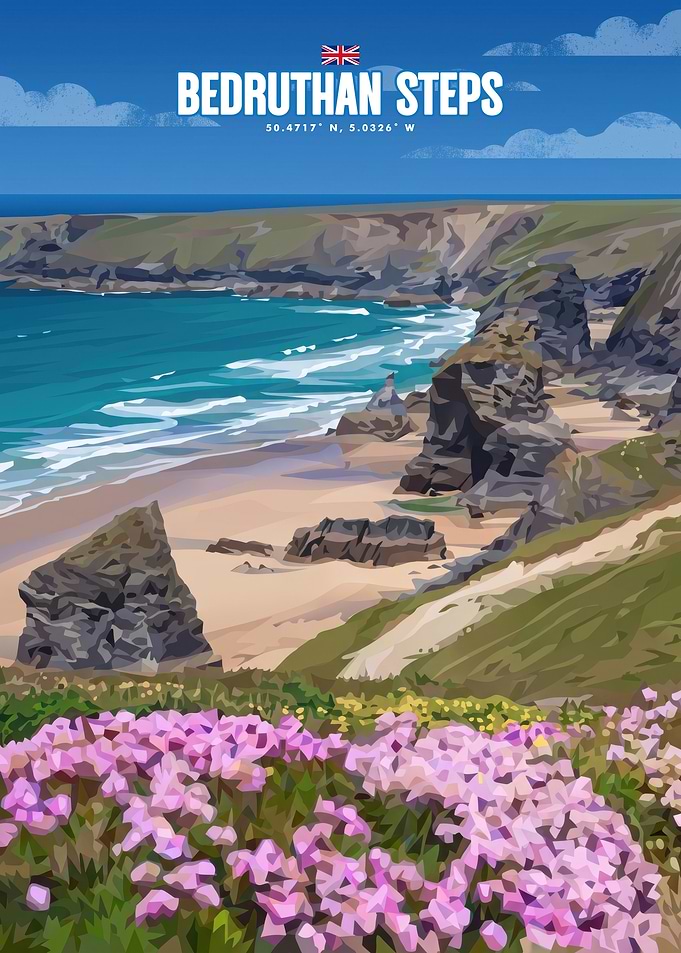 Bedruthan Steps Cornwall Travel Poster