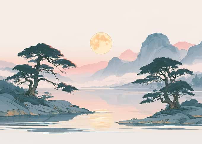 Serene Japanese Landscape with Full Moon